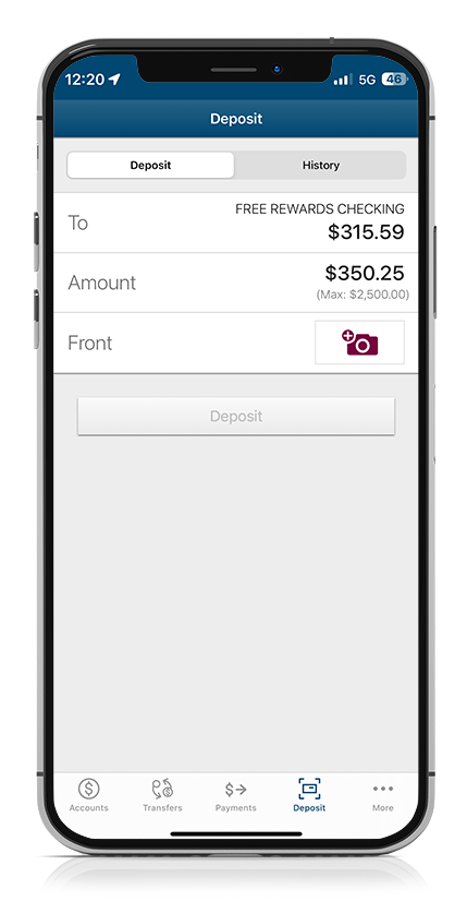 Smartphone displaying mobile deposit information